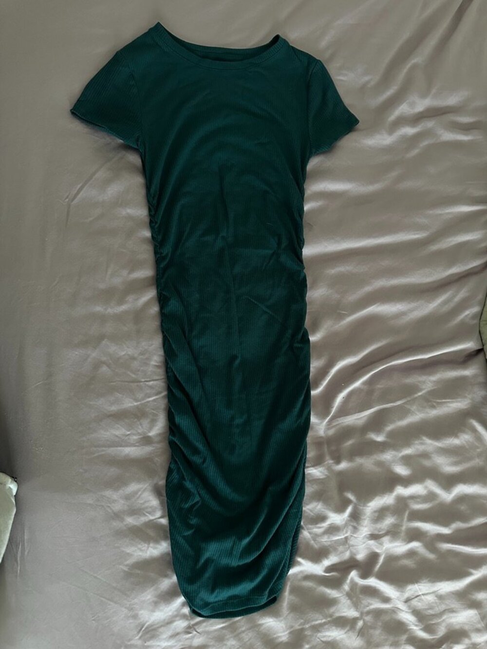 SO Ribbed Bodycon Midi Dress – Teal Ruched Short Sleeve Dress